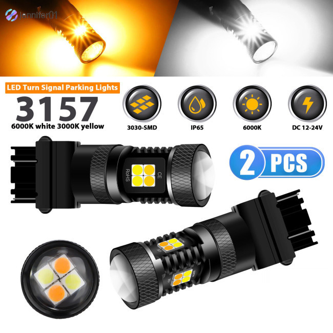 Jen 2pcs 3157 Led Switchback ไฟเลี้ยวที่จอดรถหลอดไฟ 4157na 3452a 6000k สีขาว / 3000k Amber กันน้ํา