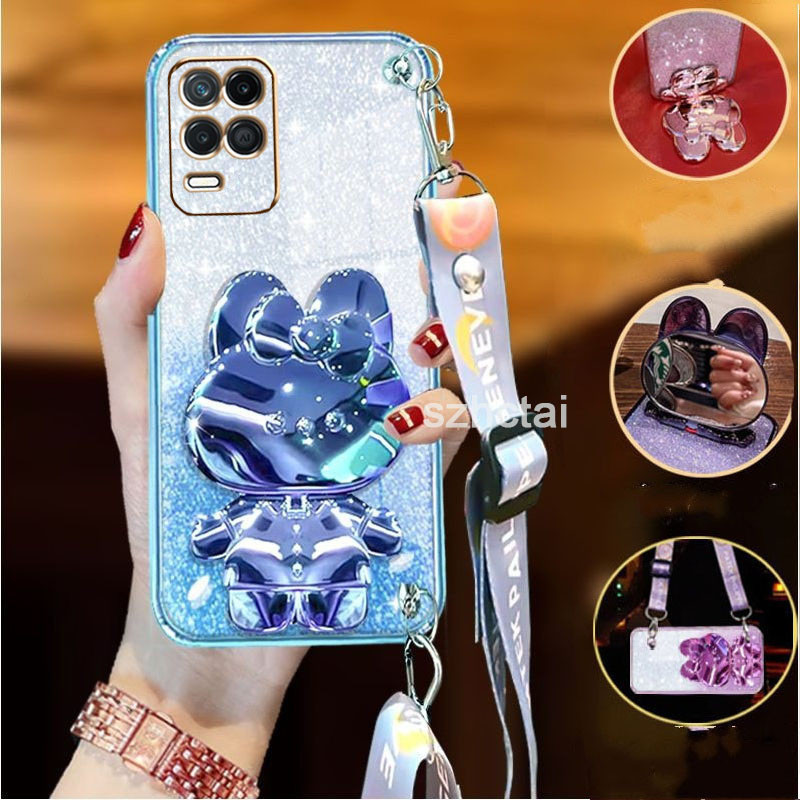 เคส Realme 8 4G Realme 8 5G Realme 8 pro สายรัดข้อมือยาวสไตล์กระต่ายเครื่องสําอางที่วางยึดกระจกหรูหร