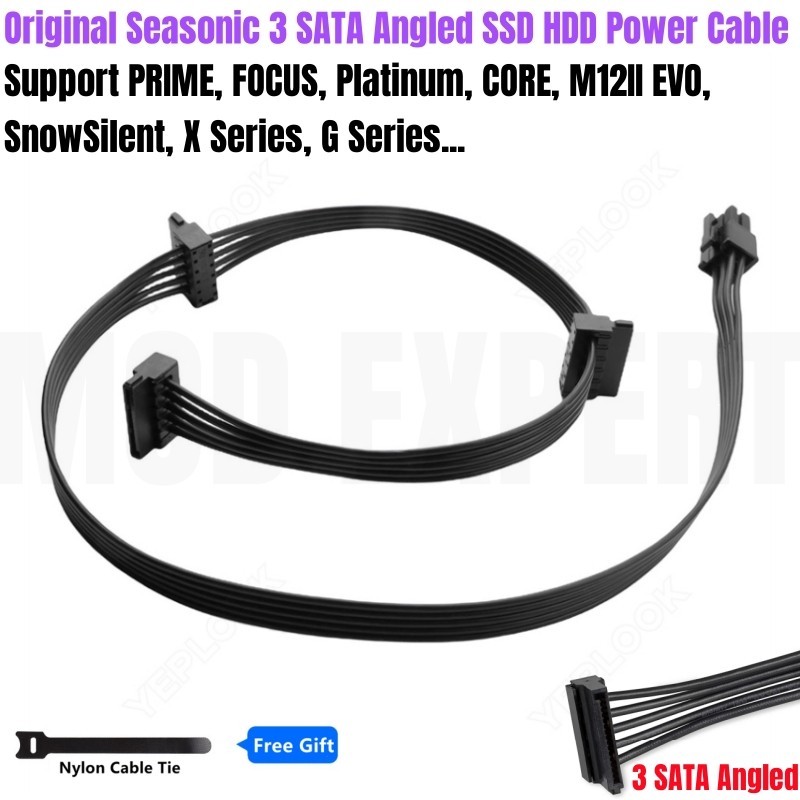 Seasonic 3 SATA Angled HDD SSD สายไฟสําหรับ Seasonic PRIME SnowSilent 750 ไทเทเนียม, 650 Platinum, 5