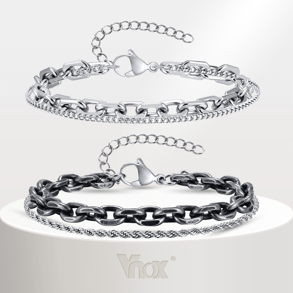 Vnox Stacked Rolo Chain Cuban Link Chain สร้อยข้อมือสําหรับชาย,สแตนเลสสตีลสร้อยข้อมือ, Cool ชายเครื่องประดับของขวัญ