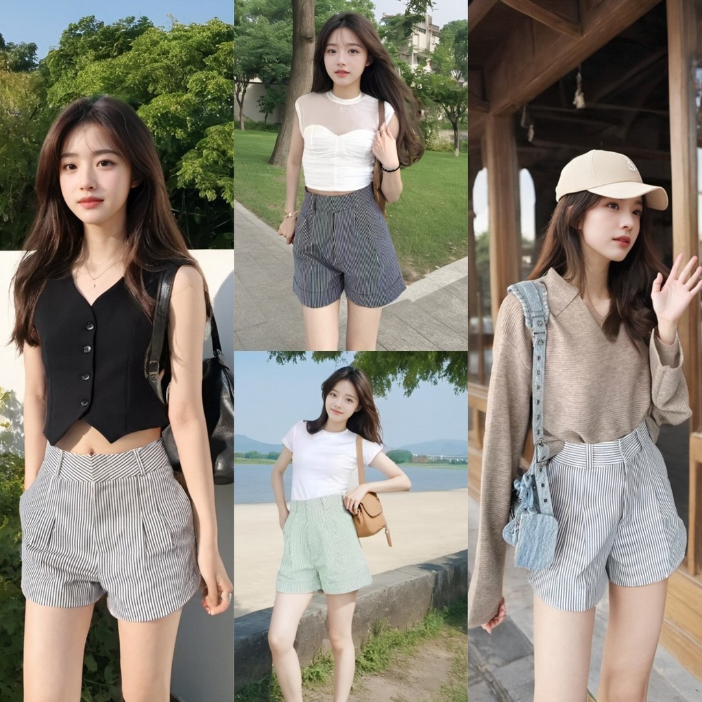 กางเกงขาสั้นเอวสูงริ้วยีนส์ ดีไซน์ทรงสวยพร้อมตะขอหน้าและหูเข็มขัด ลายริ้วที่กระชับและสลิมเพิ่มความเท่