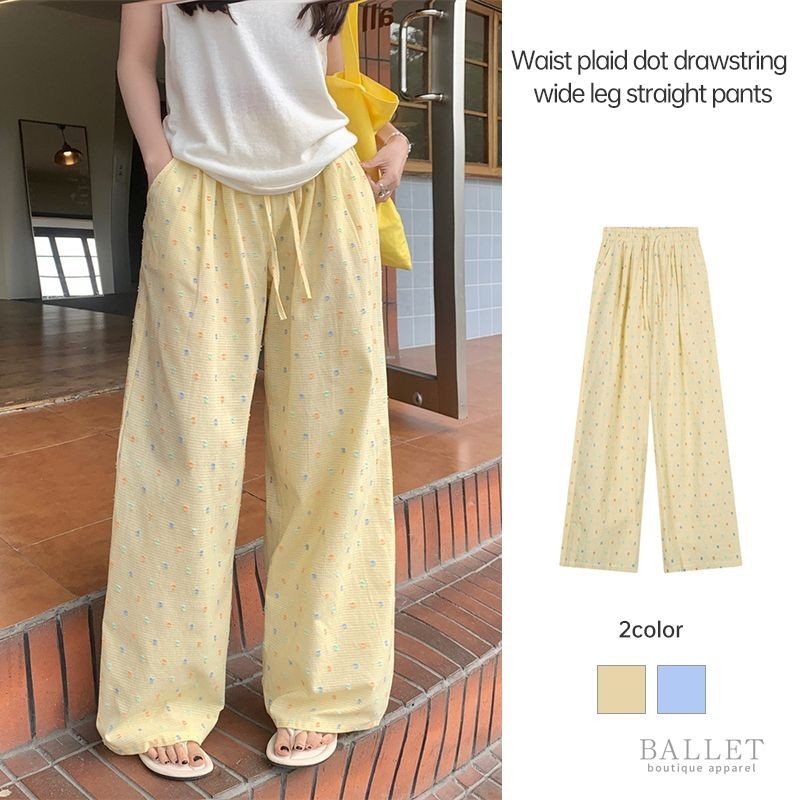 กางเกง Drawstring ลายสก๊อต Textured Polka-dot กางเกงขากว้าง Casual กางเกงขาตรงผู้หญิง BB