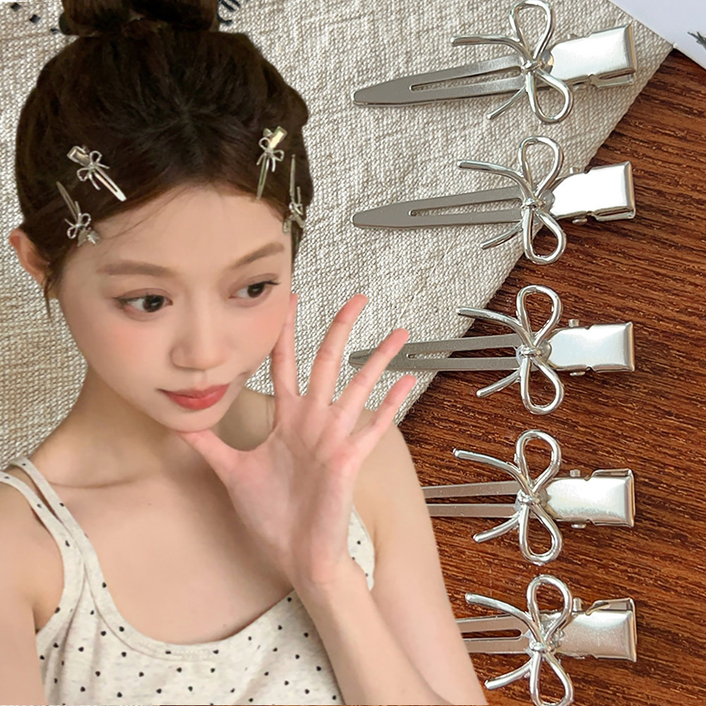 2 ชิ้นเกาหลีโลหะ Bow Hairpin สาวหวาน Duckbill คลิป Y2K เงินโบว์ด้านข้าง Bangs กิ๊บติดผมผู้หญิง Barrette Headdress