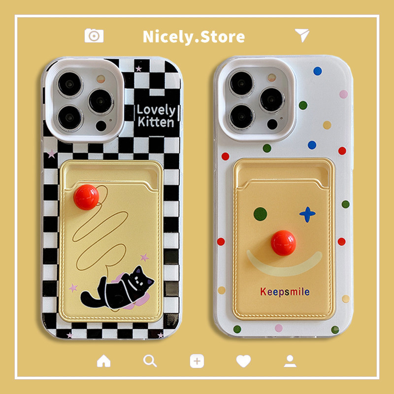 ตลก Jocker Wave Point Black Cat Checkered Strip 3 ใน 1 การ์ดกระเป๋าเคสโทรศัพท์สําหรับ iPhone 15 14 Plus 13 12 11 Pro Max Xs Xr X 8 7 6 15Plus 11Pro Shock Proof ปลอก