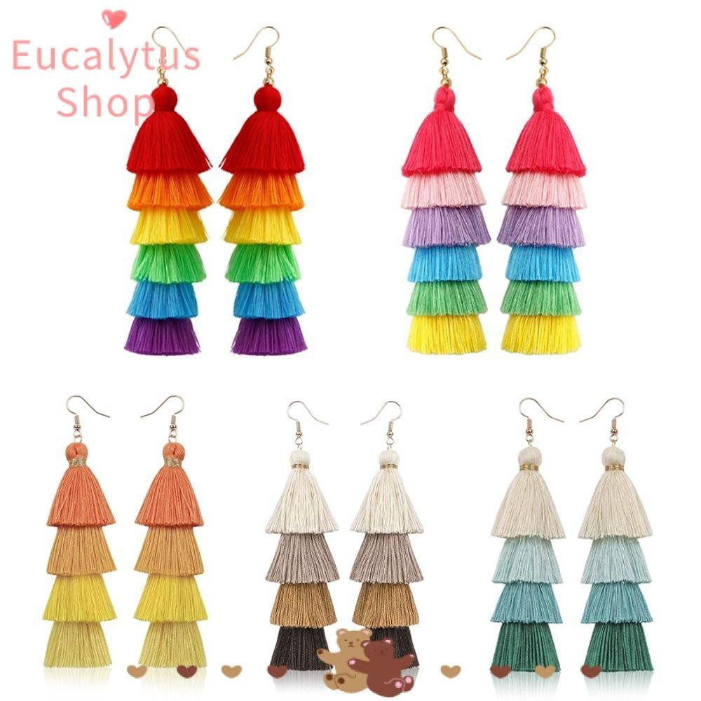Eucalytus1 ต่างหูระย้า ห้อยพู่ยาว สีรุ้ง สไตล์โบฮีเมียน