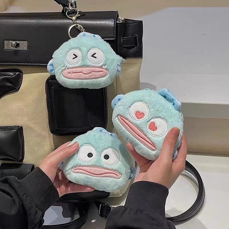 Sanrio Plush กระเป๋าใส่เหรียญกระเป๋าน่าเกลียดปลา Hangyodon อะนิเมะยัดไส้พวงกุญแจจี้กระเป๋าสตางค์น่ารัก