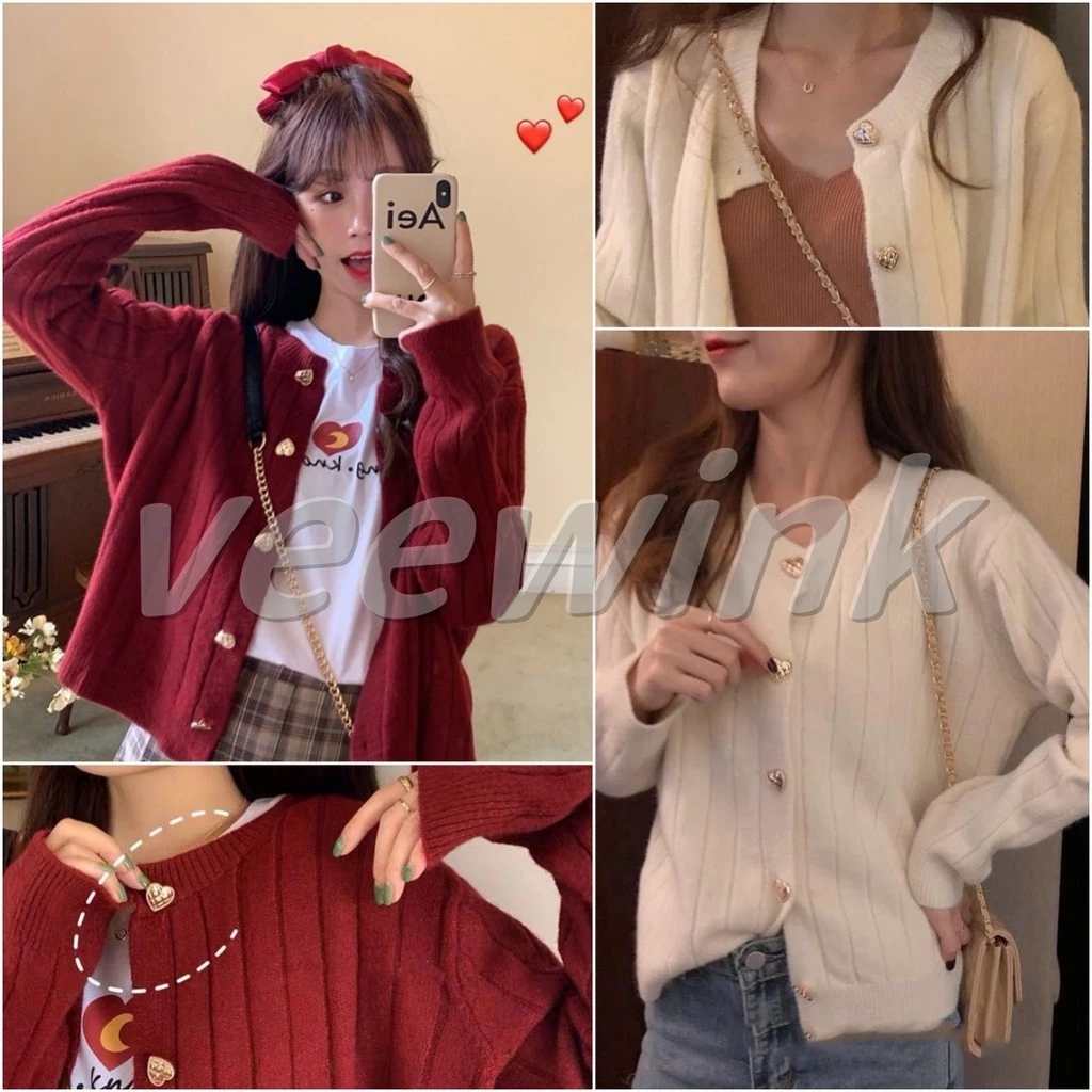 Veewink พร้อมส่งจากกรุงเทพ เสื้อสเวตเตอร์คริสต์มาส เสื้อคลุมคาร์ดิแกน สีพื้น สไตล์เกาหลี แขนยาว ผ้าถัก สีแดง