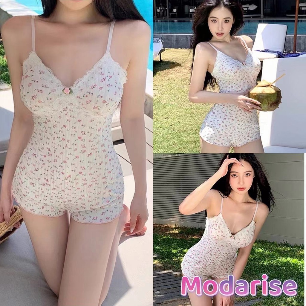 Modarise จั้มสูทไหล่เดียวมีช่องใส่บรา คอวี จั๊มสูทแต่งลูกไม้ผ้าเนื้อนุ่มยืดเข้ารูป
