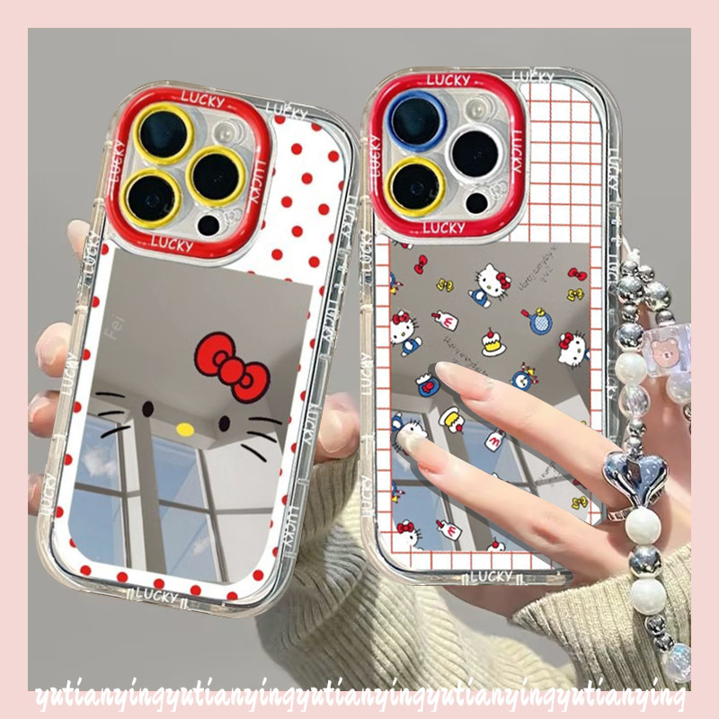 สร้อยข้อมือหรูหรา Make Up Mirror Case สําหรับ IPhone 15 11 12 14 13 Pro Max XR 15 7 8 Plus XS X Max Doodle การ์ตูนสร้างสรรค์น่ารัก Hello Kitty นุ่ม