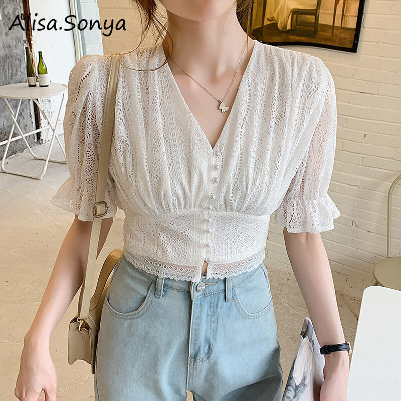 Alisa.Sonya ผู้หญิงเสื้อลูกไม้คอวีผีเสื้อแขนเซ็กซี่เกาหลีเปิดสะดือเสื้อสีขาว