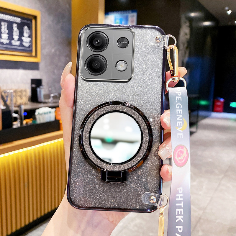 ปลอก Xiaomi Redmi Note 13 Pro 4G 5G Note 13 Pro Plus Note 13R Pro 5G Poco M6 Pro 4G X6 Pro 5G X6 Neo K70E วงกลมกระจกขาตั้งยึด Glitter Powder พร้อมเชือกยาวเคสโทรศัพท์