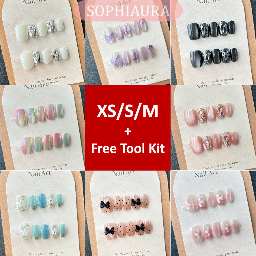 [กาวฟรี] เล็บปลอมคอลเลกชันกดบนเล็บด้วยกาวเล็บปลอมแมวตาการออกแบบธรรมดาการออกแบบ Rhinestone