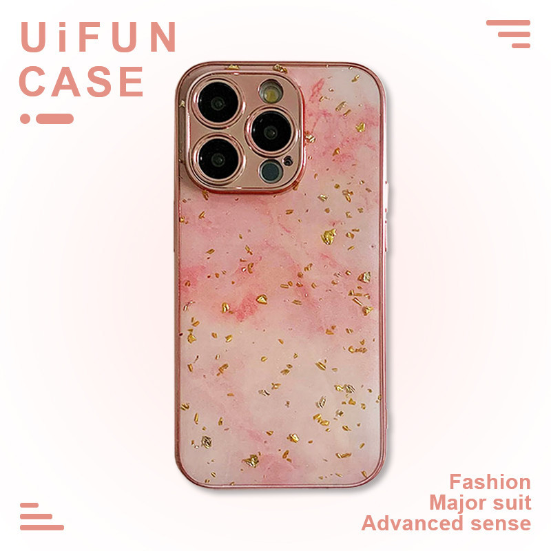 Ins ทองดีบุกฟอยล์สีชมพูเคสโทรศัพท์เข้ากันได้สําหรับiPhone 15 14 Plus 13 12 11 Pro Max 15Plus 14Promaxคลุมทั้งหมดTPU + PC Anti-Dropปลอกมือถือ