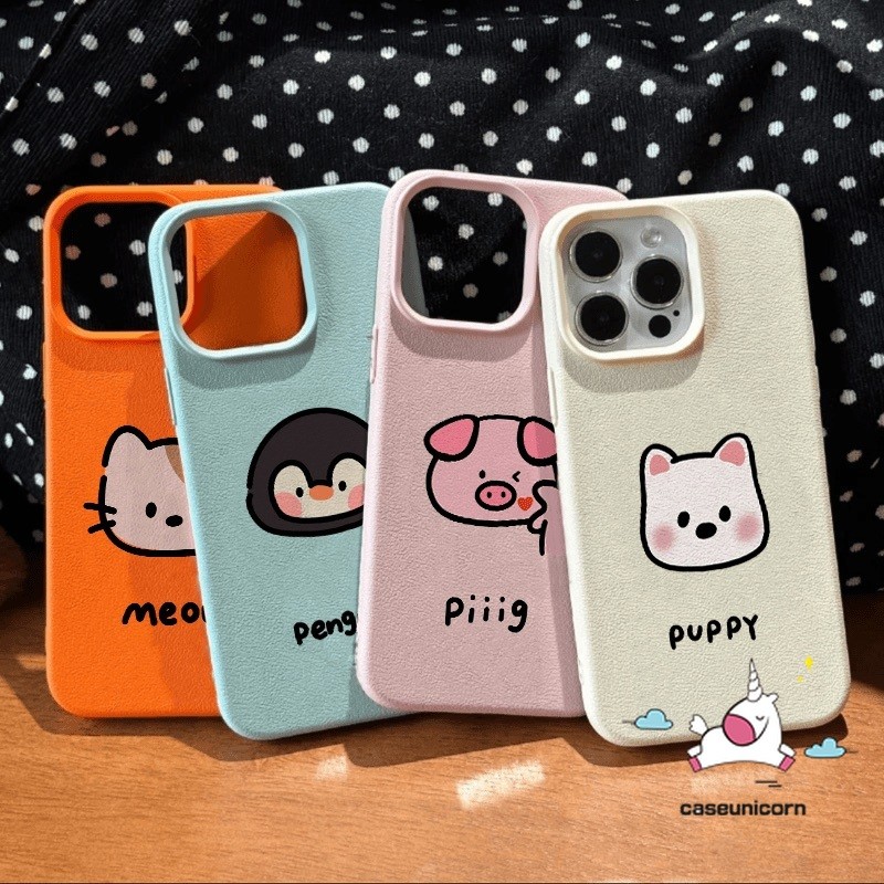 ที่เรียบง่ายแมวน่ารักสุนัขเพนกวินการ์ตูนหมูสีลูกกวาดคู่กรณีเข้ากันได้สําหรับ ไอโฟน 14 16 11 13 15 12 มือโปร สูงสุด 14 16 15 บวก เอ็กซ์อาร์ X XS สูงสุด หรูหราหนังเนื้อผิวรู้สึกนุ่มกร