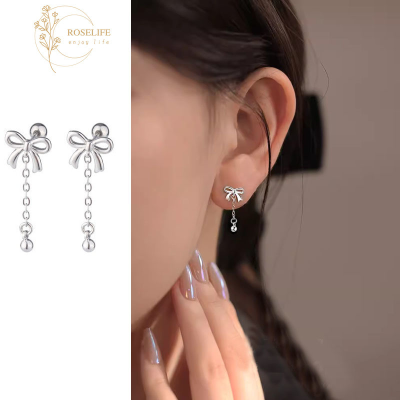 Roselife S925 เงินโบว์พู่โซ่สกรู Ball Drop ต่างหูสําหรับผู้หญิงสาวหมั้น Bowknot หูเครื่องประดับ