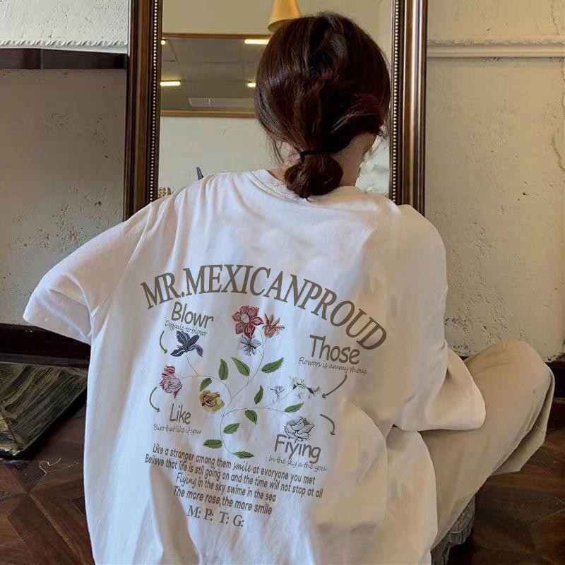 (พร้อมส่ง) เสื้อยืดสไตล์เกาหลี oversize เสื้อยืด สไตล์อเมริกันดอกไม้วินเทจตัวอักษรพิมพ์เสื้อยืดแขนสั้น COTTON100%