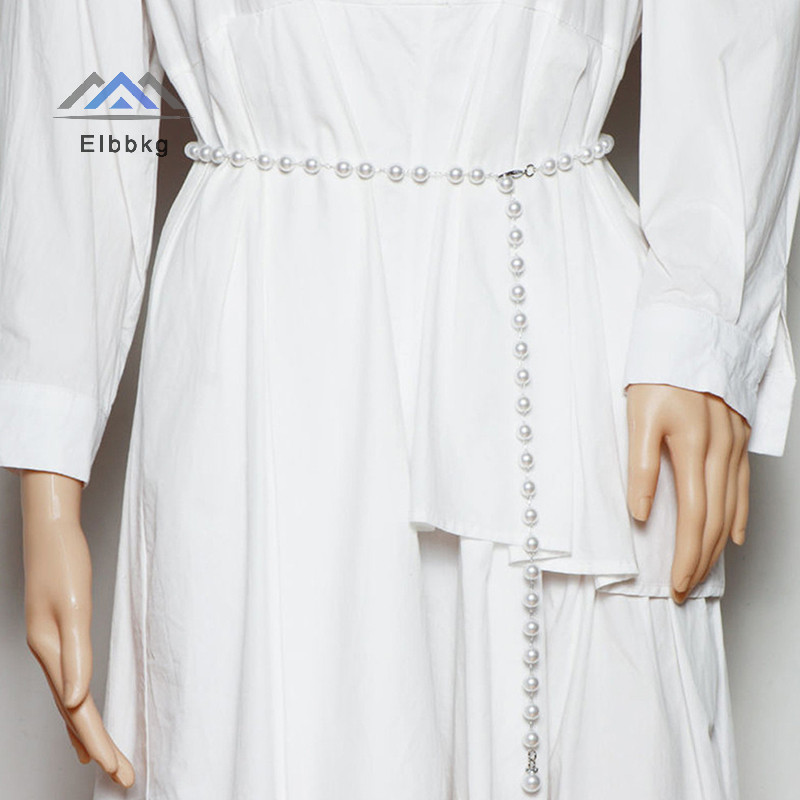Eibbkg ผู้หญิงแฟชั่นเข็มขัดออกแบบเข็มขัดมุกคาดเอวสีขาวโซ่เอว All-match Pearl จี้เข็มขัดสําหรับผู้หญิงลดราคา