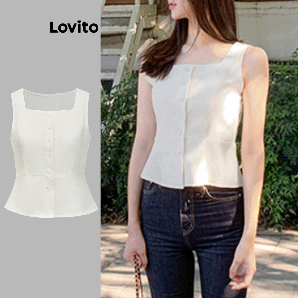 Lovito เสื้อแขนกุดผู้หญิง มีกระดุม สีพื้น สไตล์หรูหรา L86ED064