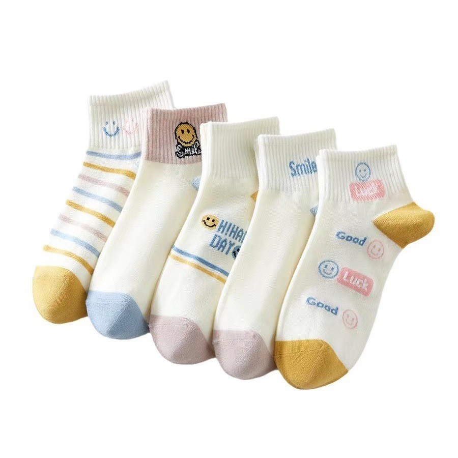 JH STORE ถุงเท้าข้อสั้น (5สี/10คู่) ถุงเท้าแฟชั่น เนื้อผ้านุ่ม ลายSMILE NO.B42