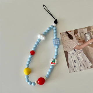 น่ารัก Blue Clouds Cherry Beaded โทรศัพท์ Charm สายคล้องจี้สําหรับ iPhone Samsung Accessrioes โซ่หวาน Lanyard ผู้หญิงแขวนเชือก