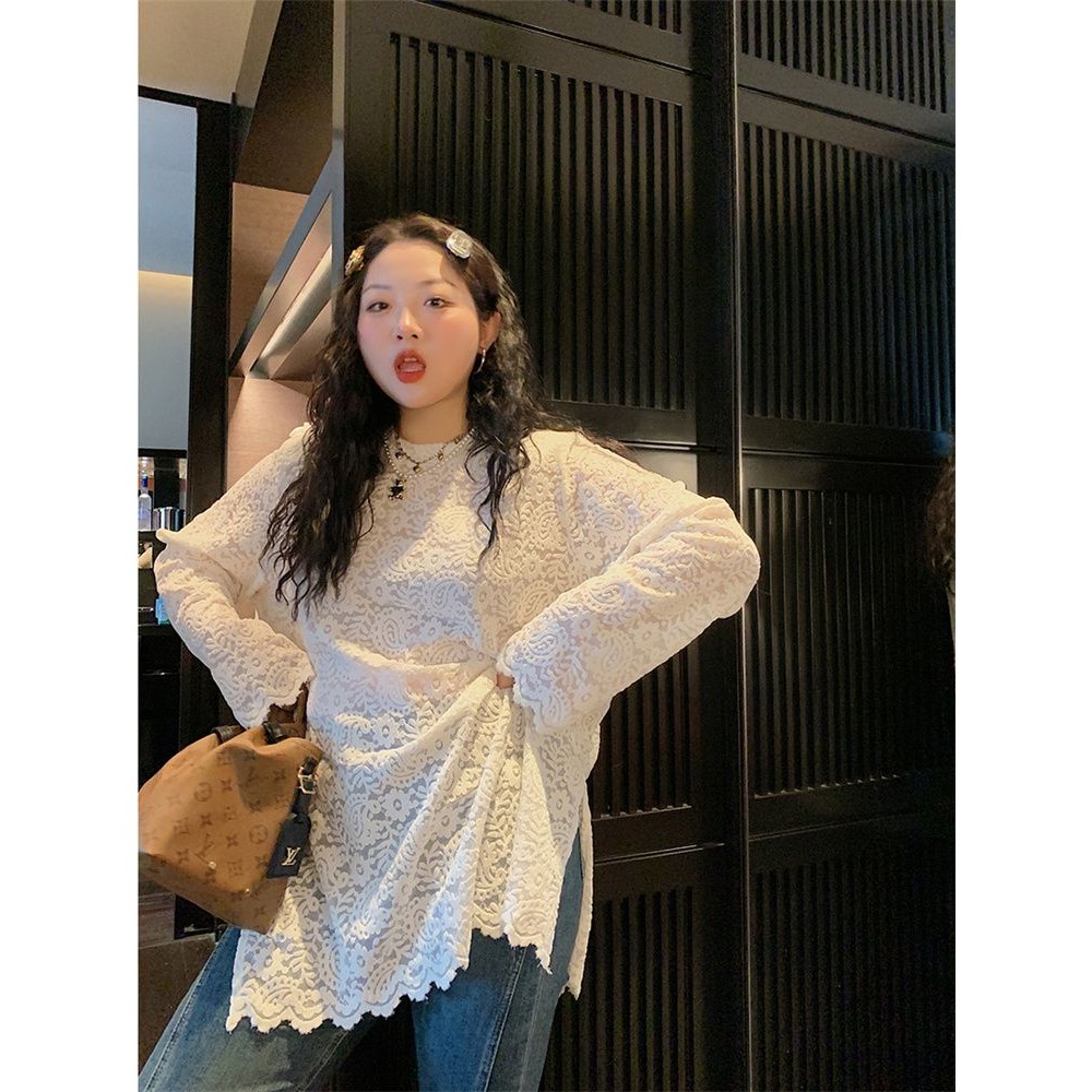 ขนาดใหญ่หวานลูกไม้แขนยาวเสื้อยืดรอบคอหลวมแฟชั่นสบายๆลูกไม้แยกด้านบนเสื้อยืด