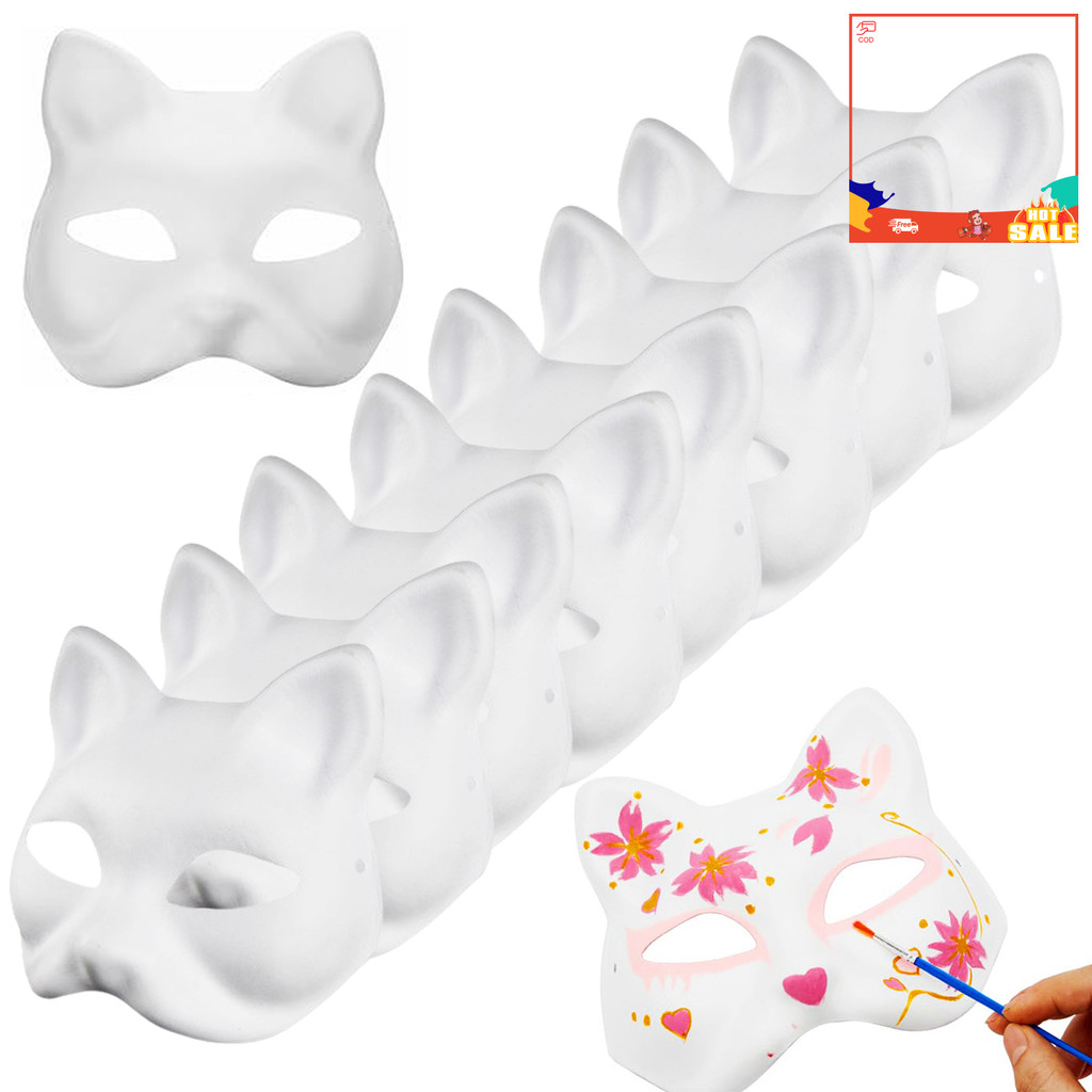 {YE}2/3/5/6/10/12/20 ชิ้น DIY หน้ากากหน้าแมวสีทึบ DIY มือวาด Carnival Party Ball Masquerade ฮาโลวีนเครื่องแต่งกายสัตว์รูปร่าง Face Cushion