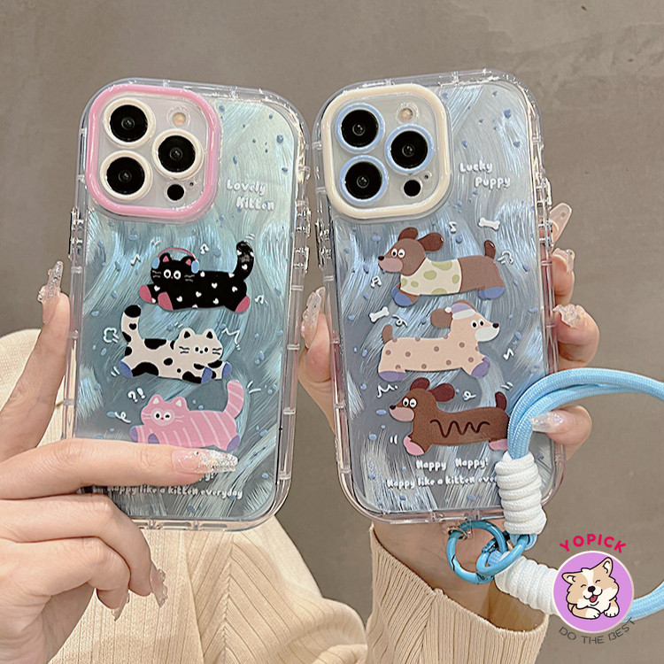 น่ารัก Spotted สุนัข Cat สายรัดข้อมือเคสโทรศัพท์สําหรับ IPhone 11 12 13Pro Max 14Plus XR XS Max 7 8 Plus SE2020 การ์ตูนฝาครอบโทรศัพท์สําหรับ IPhone 15ProMax เชือกซิลิโคนสาวเพื่อน NYS