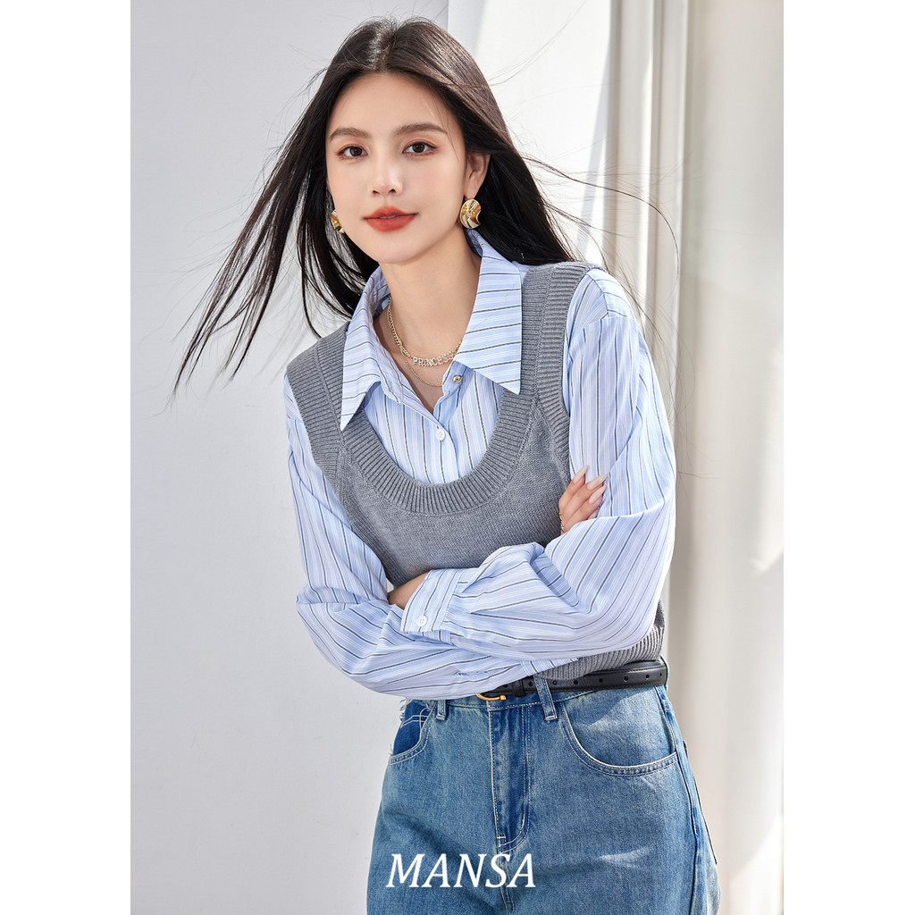 MANSA Korean patchwork shirt เสื้อผู้หญิง เสื้อเชิ้ต เสื้อผ้าแฟชั่นผู้หญิง