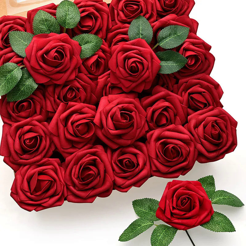 25/10PCS Artificial Flowers Red Rose Real Looking Fake Roses W/Stem for DIY Wedding Bouquets Party C