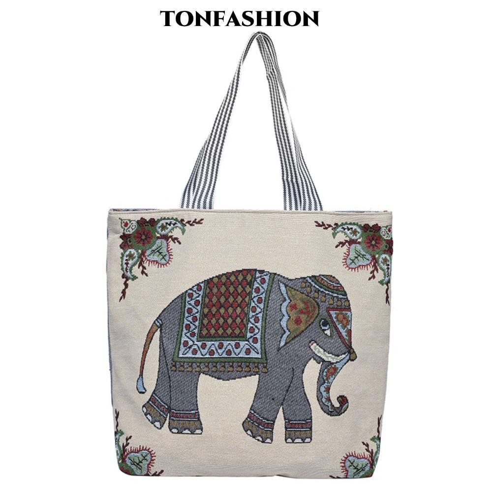 Tonfashion กระเป๋าสะพายไหล่ กระเป๋าถือ กระเป๋าช้อปปิ้ง ผ้าแคนวาส ปักลายช้าง สองด้าน สไตล์วินเทจ สําหรับสตรี