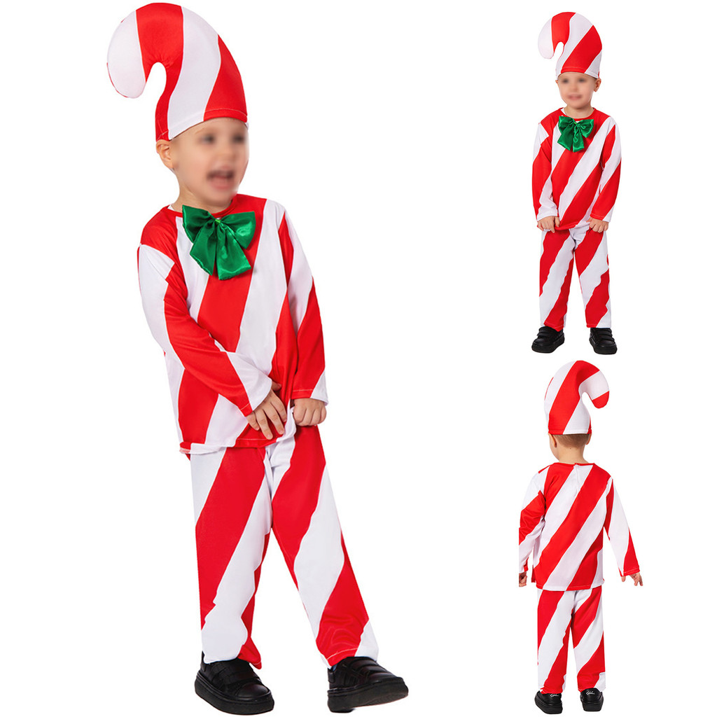 Czx-3 ชิ้นเด็กสาวเด็กคริสต์มาสผ้า Candy Canes เครื่องแต่งกายแขนยาว Bow Stripes เสื้อกางเกงหมวกชุดบทบาทเล่นประสิทธิภาพเครื่องแต่งกาย