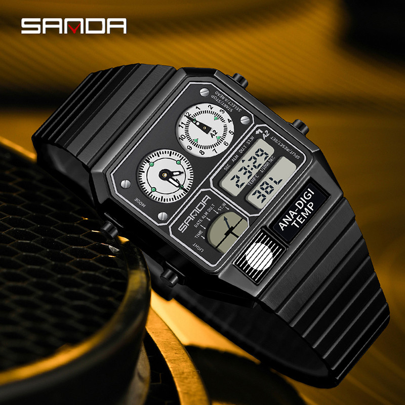 Sanda Retro อินเทรนด์ Punk Dual Display Luminous กันน้ําอิเล็กทรอนิกส์ควอตซ์นาฬิกาผู้ชาย SD3192-5