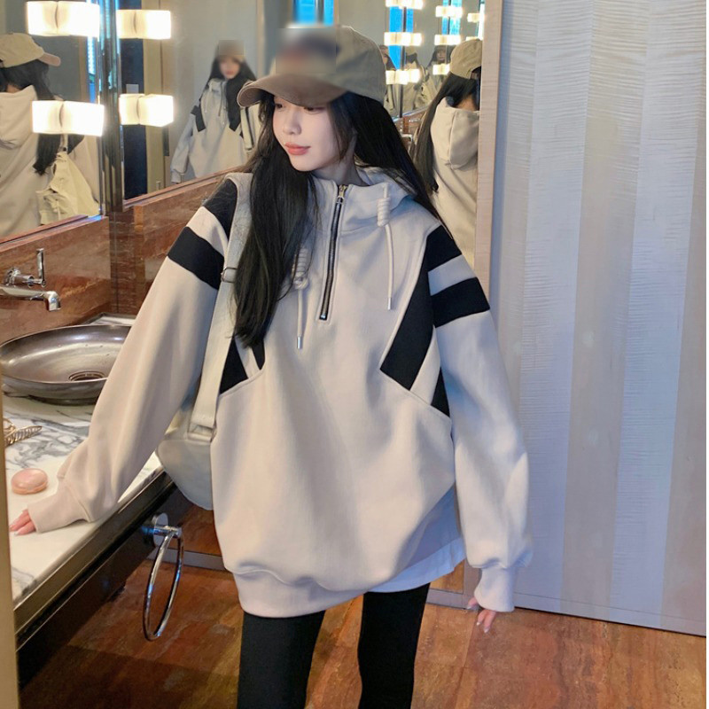 Solovely สไตล์เกาหลี ซิป ฮู้ด สีตัดกัน ลายทาง หลวม แขนยาว เสื้อโค้ท