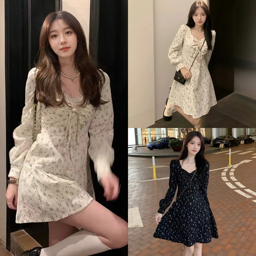 ชุดเดรสแขนยาวลายดอกไม้คอเหลี่ยม กระโปรงสั้นสไตล์ฝรั่งเศส สำหรับสาวหวานที่ชอบความมีระดับ