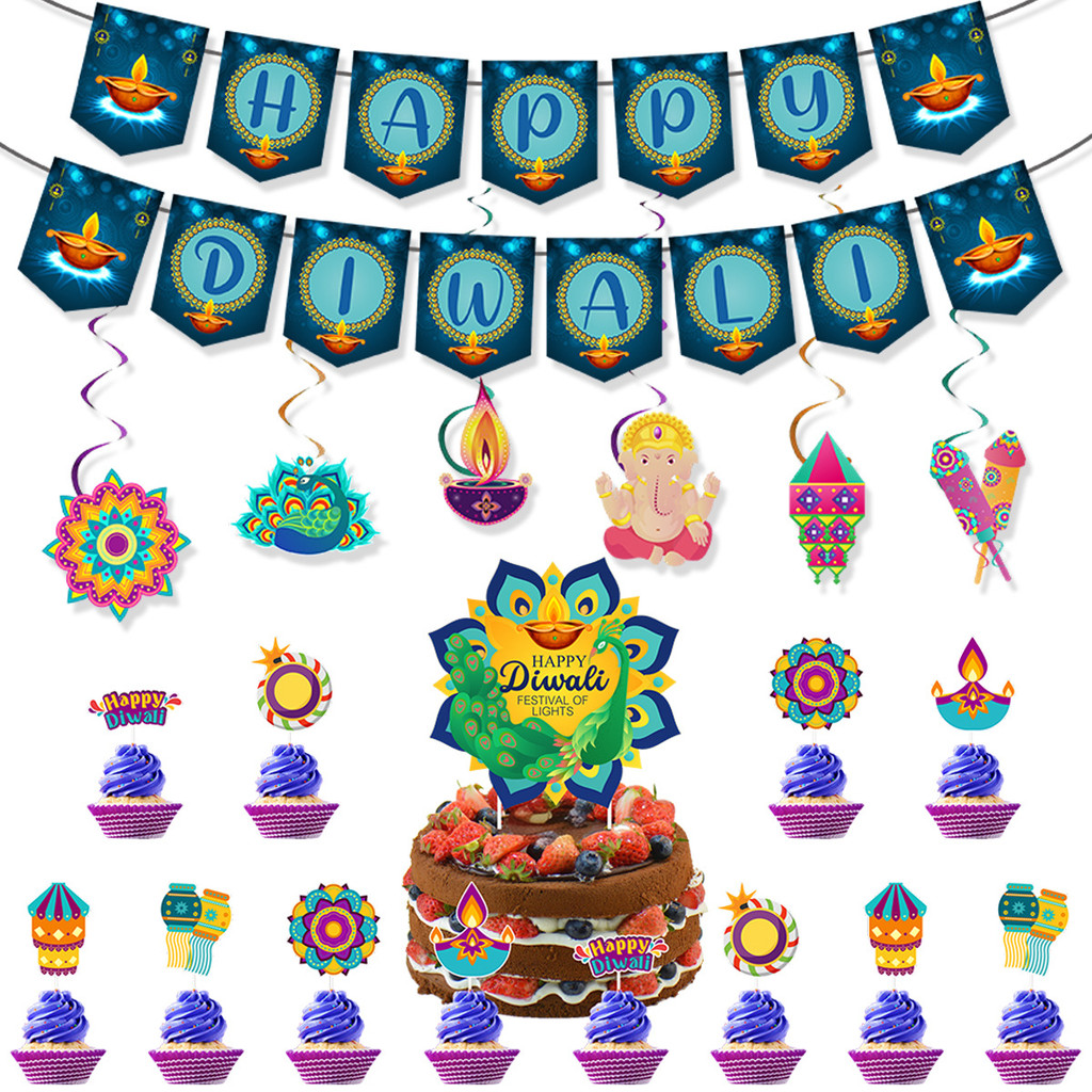 ใหม่ Deepavali Festival Banner Theme Party ตกแต่ง Diwali เค้ก Plaque Deepavali ตกแต่งรายการ