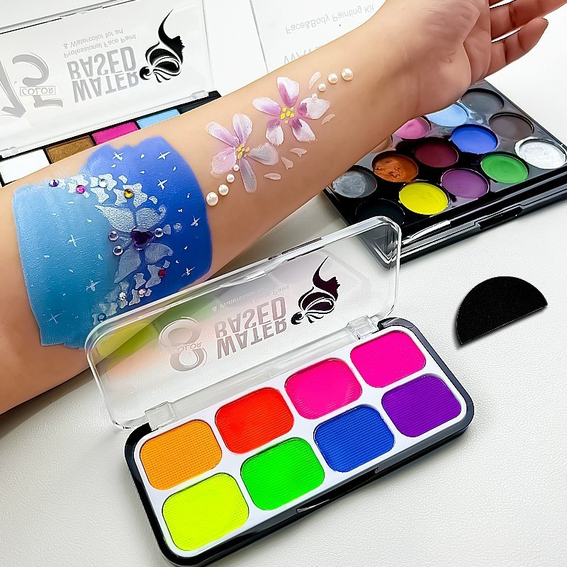 [8 สีเรืองแสงสแควร์] ฮาโลวีนขายร้อนล้างทําความสะอาดได้ร่างกายใบหน้าสี จานสี ความงามแต่งหน้าแต่งหน้า