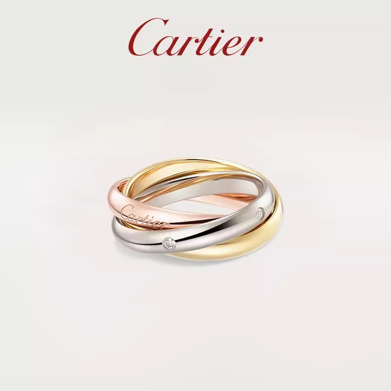 [คลังสินค้าพร้อม+กล่องบรรจุภัณฑ์ครบชุด] Cartier Cartier Trinity Series Rose Gold White Gold Diamond Three-Ring Classic Ring