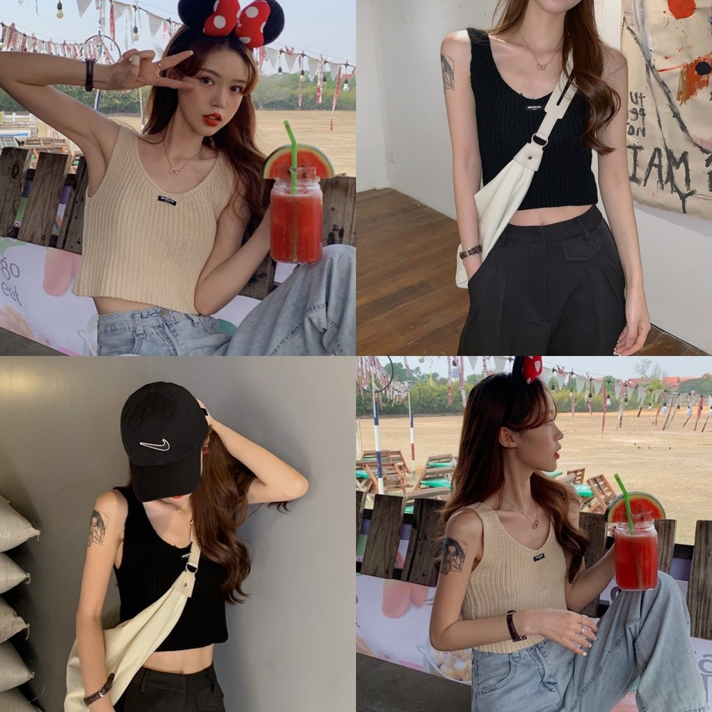 Bonnie เสื้อหล้ามไหมพรมคอวี ผู้หญิง เข้ารูป ครอปสั้น สไตล์​เกาหลี เสื้อแขนกุด หลากสี​ ใส่สบาย ส่งไวจากไทย#9397