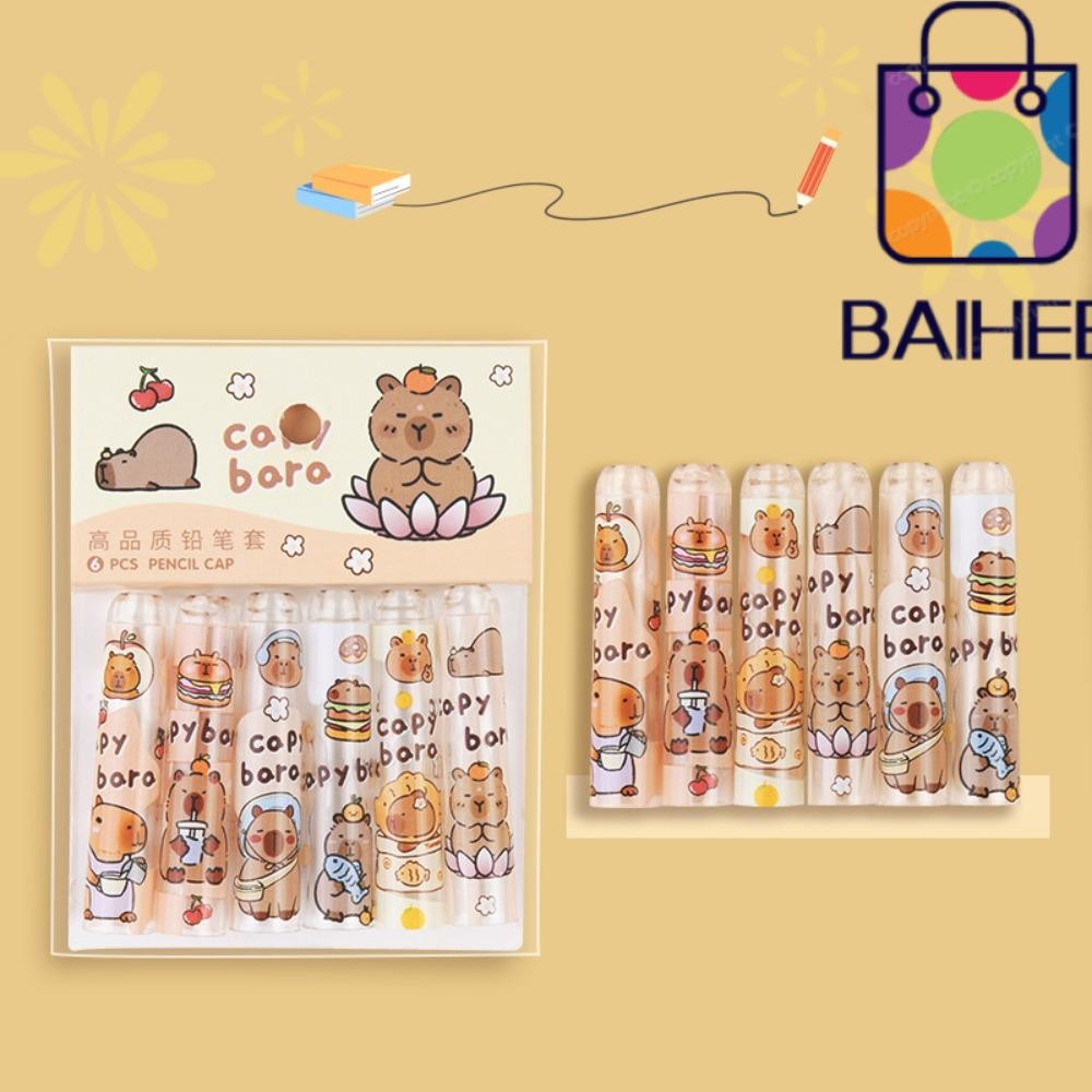 Baihee 6 ชิ้น/เซ็ตหมวกดินสอ, Capibala การ์ตูนปากกา Toppers ฝาครอบป้องกัน, ของขวัญนักเรียนอุปกรณ์ดินสอพลาสติก Extender นักเรียน