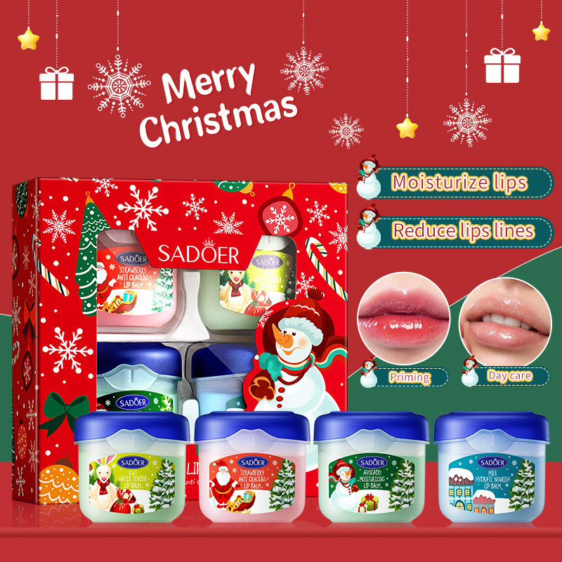 Sadoer Christmas Lip Balm Gift Box Moisture Anti Dryness and Cracking (อะโวคาโด+สตรอเบอร์รี่+นม+กีวี)