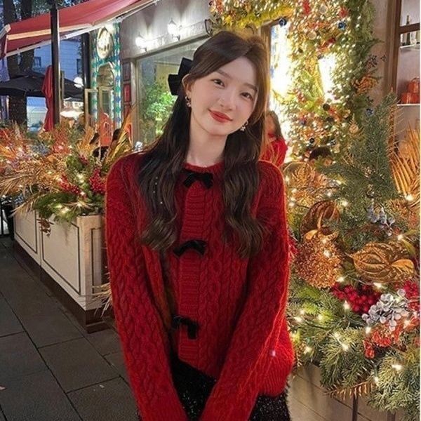 Bowknot Chic เสื้อกันหนาวแจ็คเก็ตผู้หญิงฤดูใบไม้ร่วงฤดูหนาวสวมใส่ด้านนอกหลวมขี้เกียจ Retro หวานถัก Cardi