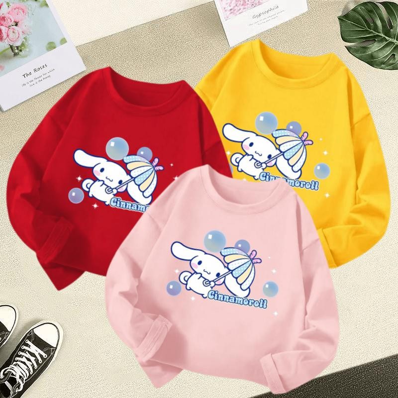 3-12 ปีการ์ตูน Cinnamoroll พิมพ์สาวแขนยาวรอบคอเสื้อยืดอเนกประสงค์เด็กเสื้อผ้าฤดูร้อน Baju-T