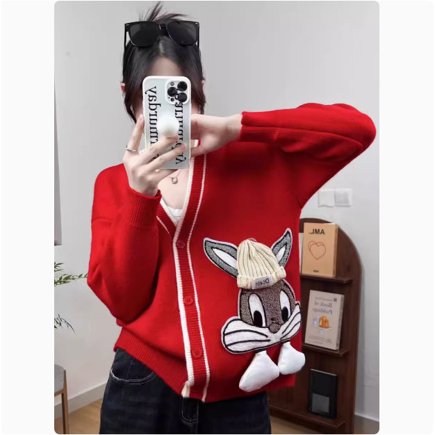 เสื้อสเวตเตอร์ถักเสื้อสเวตเตอร์ถักผู้หญิงกระต่ายฤดูใบไม้ผลิและฤดูใบไม้ร่วงโรงเรียนมัธยมนักเรียนมัธยมต้นเด็กโตเสื้อสเวตเตอร์ถักทรงหลวมสไตล์ชิวๆแมตช์ง่ายเสื้อโค้ทมิงค์