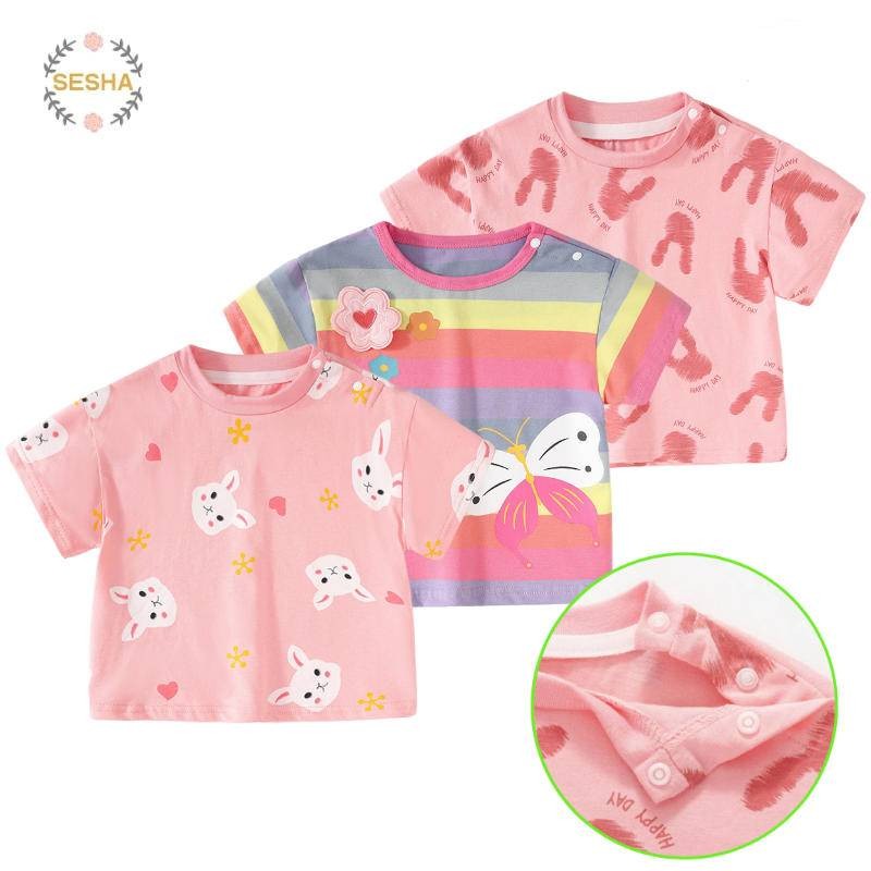 ฤดูร้อนสาวแขนสั้นเสื้อยืดทารกสีชมพูการ์ตูนลําลองด้านบนผ้าฝ้าย 100%