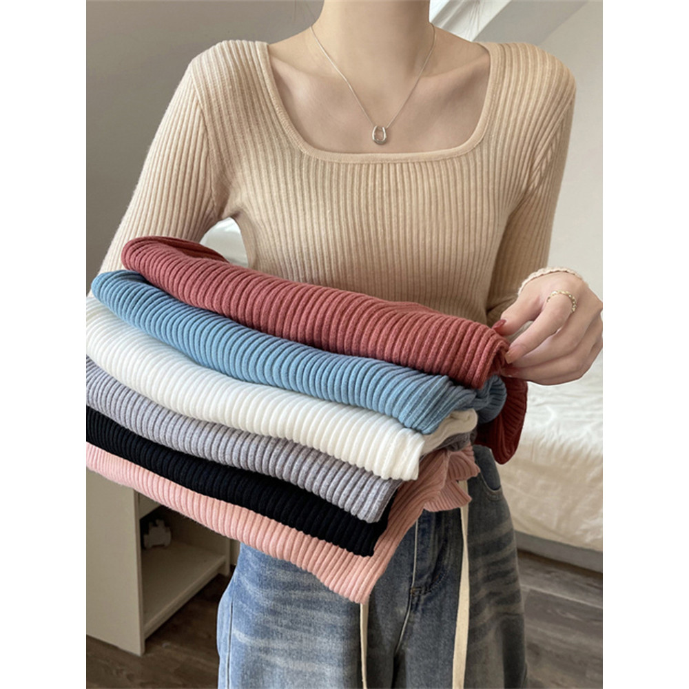 Dahong 💖 เสื้อคอเหลี่ยมแขนยาว เสื้อไหมพรม ทรงเสื้อสวย 6 สี สไลต์โคเรีย 3668
