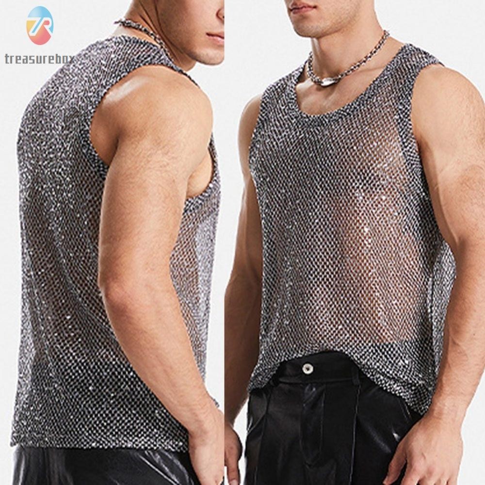 BIG DISCOUNTS Fishnet Party Tops O คอผ้าโพลีเอสเตอร์แขนกุด Slight ยืดฤดูร้อนสวมใส่ [TRSBX-TH]