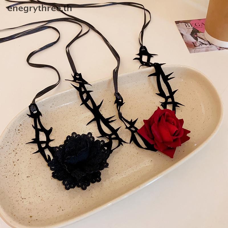 Th & แฟชั่น Gothic Thorny Red Rose Choker สร้อยคอ Retro ดอกไม้เชือกสร้อยคอสําหรับฮาโลวีนคอสเพลย์อุปกรณ์เสริม
