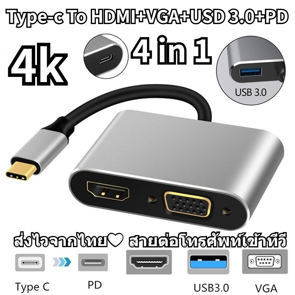 4 In1 แปลง TypeC Hi-speed Converter รุ่น อแดปเตอร์แปลงจอ ตัวแปลง USB 3.1 to HDMI+VGA+USB 3.0