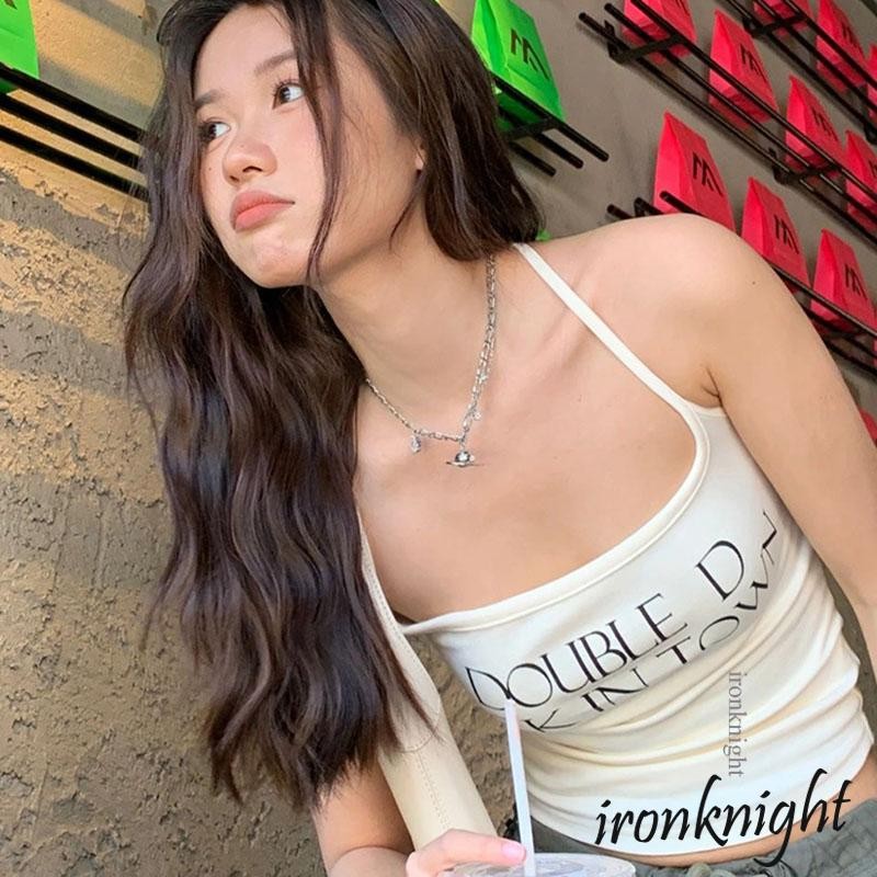 Ironknight-เสื้อชั้นในสตรีพิมพ์ลายตัวอักษร Cross Back Slim Fit สายเดี่ยวสปาเก็ตตี้