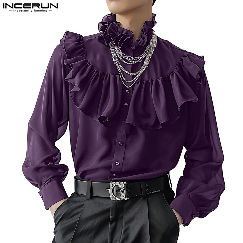 Incerun ผู้ชายเกาหลี Casual Ruffles Patchwork เสื้อเชิ้ตแขนยาวหลวม